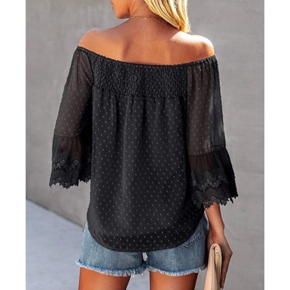 Black Off Shoulder 3/4 Bell Sleeve Ruffle Polka Dot Blouse Top - Picture 3 of 5